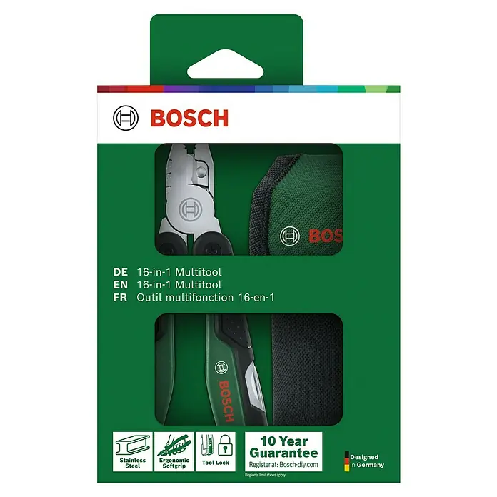 Bosch Multitool-Set 16-in-1 - Edelstahl - Bosch 16-in-1 Multitool-Set mit Edelstahl-Konstruktion, ergonomischem Griff und Werkzeugsicherung für vielseitige Anwendungen.