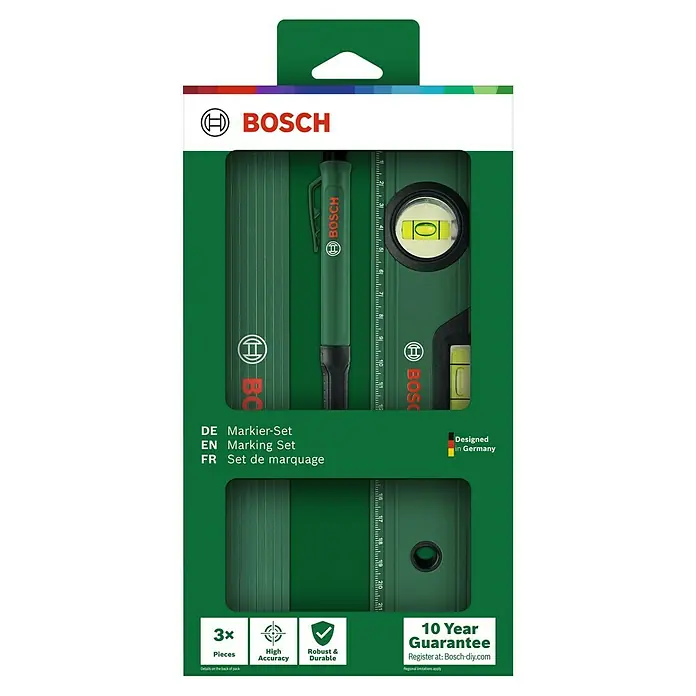 Bosch Wasserwaagen-Set - 3 -tlg. - Bosch Markierungsset mit Wasserwaage, Stift und Markierer für präzise Markierungen und Ausrichtungen bei Bau- und Heimwerkerarbeiten.