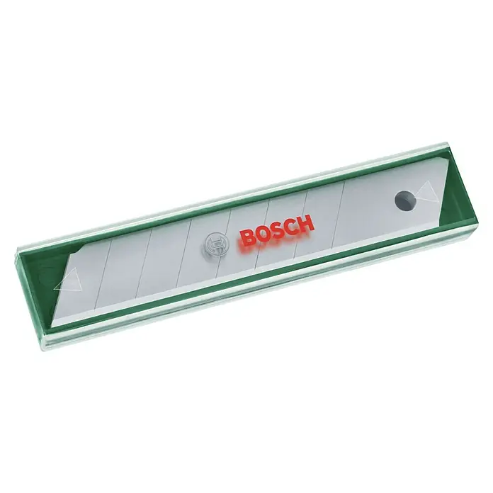 Bosch Abbrechklinge - Passend für: Bosch Cuttermesser, 10 Stk. - Eine Packung Bosch-Universalmesser in einer durchsichtigen Kunststoffhülle, ideal für verschiedene Schneidarbeiten im Alltag.