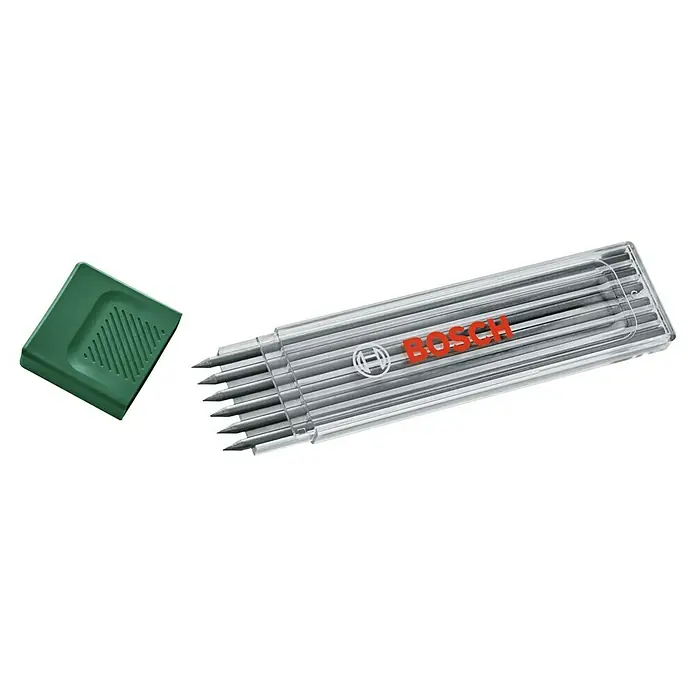 Bosch Ersatzminen - 6 Stk. - Ein Set Bosch-Markierungsstifte mit einem grünen Spitzer, ideal für präzise Markierungen auf verschiedenen Oberflächen. Robuste Stifte für Handwerker.