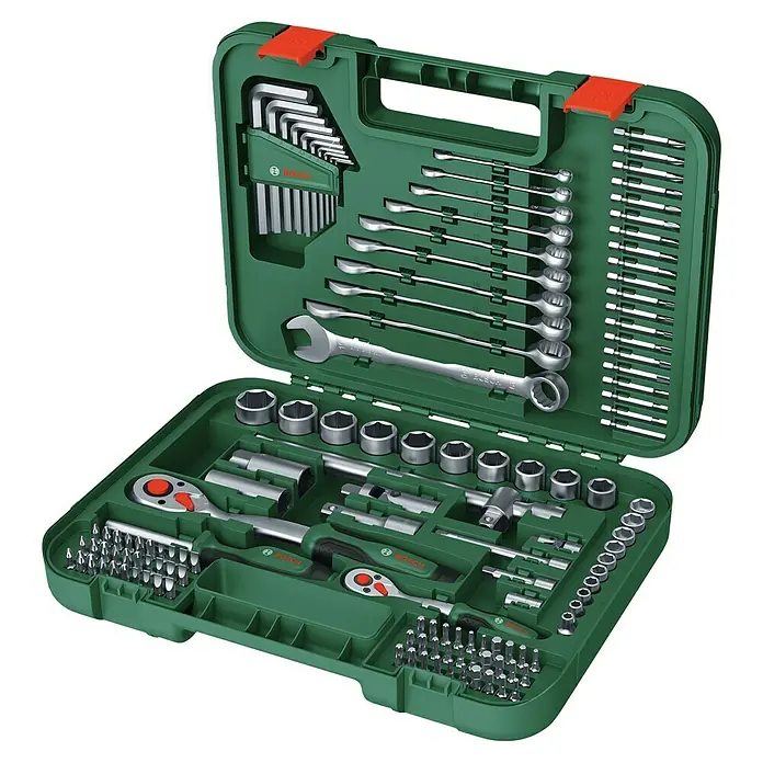 Bosch Werkzeugkoffer Fastening Set 2 - 132 -tlg. - Ein offener grüner Bosch-Werkzeugkoffer, der eine große Auswahl an Schraubenschlüsseln, Stecknüssen, Bits und anderen Werkzeugen zeigt.