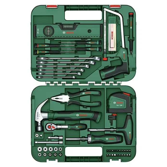 Bosch Werkzeugkoffer Advanced V2 - 64 -tlg. - Bosch Werkzeugkoffer mit diversen Werkzeugen wie Hammer, Schraubenzieher, Zangen und vielem mehr für Heimwerker und Profis.