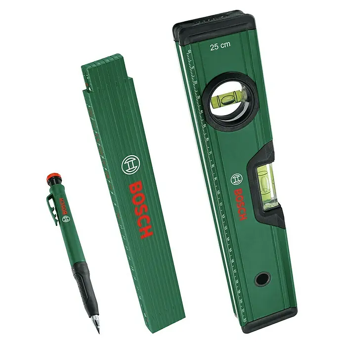 Bosch Wasserwaagen-Set - 3 -tlg. - Das Bild zeigt eine Wasserwaage, einen Zollstock und einen Zimmermannsbleistift von Bosch in Grün. Die Werkzeuge sind für präzises Messen.