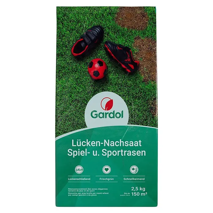 Gardol Nachsaat-Rasen Spiel- & Sprot - 2,5 kg, Saatgut ausreichend für: 150 m² - Packung Gardol Lücken-Nachsaat Spiel- und Sportrasen mit Fussball und Schuhen.