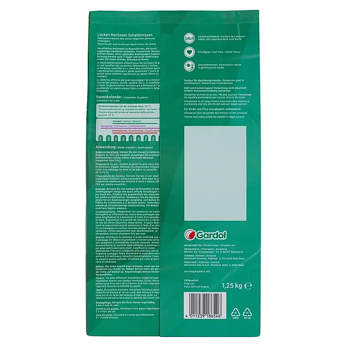 Gardol Nachsaat-Rasen Schatten - 1,25 kg, Saatgut ausreichend für: 75 m² - Bild einer Packung Gardol Schattenrasen-Nachsaat, ideal zum Ausbessern von Rasenflächen in schattigen Bereichen für einen dichten, grünen Rasen.