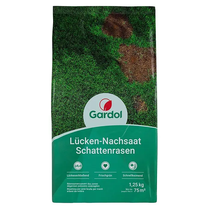 Gardol Nachsaat-Rasen Schatten - 1,25 kg, Saatgut ausreichend für: 75 m² - Gardol Lücken-Nachsaat Schattenrasen: Die ideale Lösung für einen dichten, grünen Rasen auch in schattigen Bereichen. Für eine schnelle Keimung.