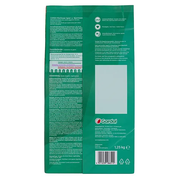 Gardol Nachsaat-Rasen Spiel- & Sprot - 1,25 kg, Saatgut ausreichend für: 75 m² - Nachsaat-Rasenmischung für Spiel- und Sportrasen von Gardol, ideal zur schnellen Reparatur von Rasenflächen und zur Schaffung eines dichten, strapazierfähigen Grüns.