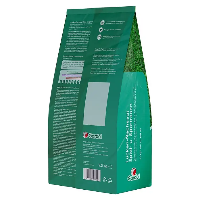 Gardol Nachsaat-Rasen Spiel- & Sprot - 2,5 kg, Saatgut ausreichend für: 150 m² - Abbildung eines Gardol Lücken-Nachsaat Spiel-u. Sportrasen-Samenbeutels mit Informationen zu Anwendung und Verwendung.