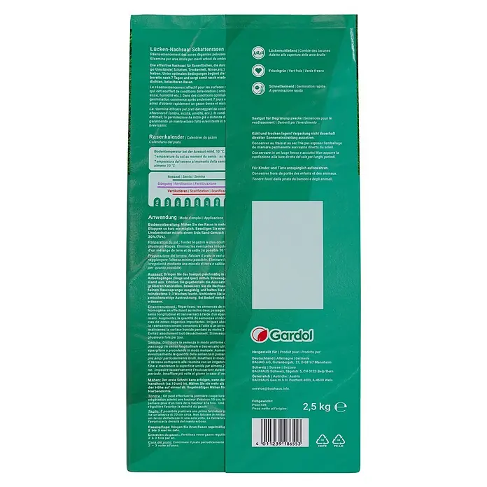 Gardol Nachsaat-Rasen Schatten - 2,5 kg, Saatgut ausreichend für: 150 m² - Abbildung einer Packung Gardol Schattenrasen-Nachsaat, ideal zur Reparatur von Rasenflächen an schattigen Standorten.
