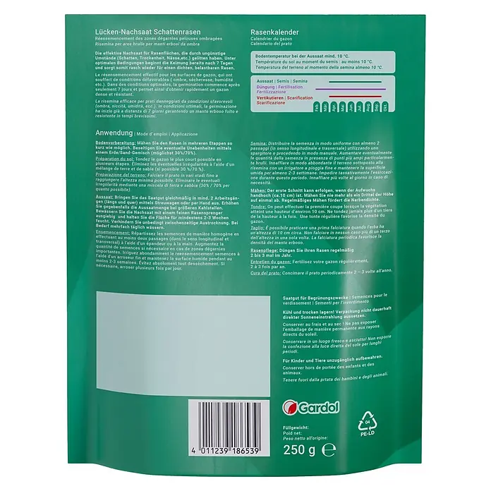 Gardol Nachsaat-Rasen Schatten - 0,25 kg, Saatgut ausreichend für: 15 m² - Verpackung für Schattenrasen-Nachsaat von Gardol. Für dichten Rasen an schattigen Standorten. Leichte Anwendung für ein optimales Ergebnis.
