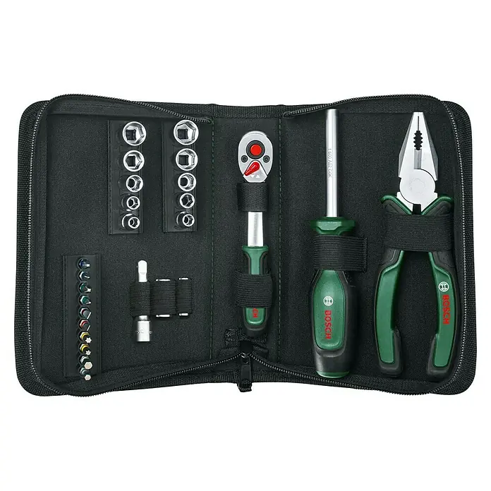 Bosch Werkzeugtasche Starter Set - 26 -tlg. - Werkzeugset in schwarzer Tasche, inklusive Schraubenschlüssel, Schraubendreher, Zange und verschiedener Bits, ideal für Heimwerker.