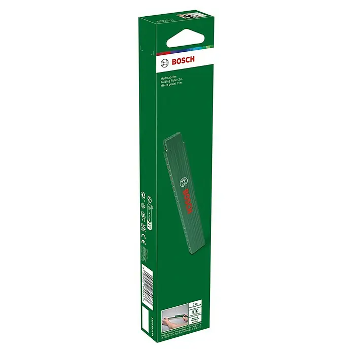 Bosch Zollstock - Länge: 2 m - Die grüne Verpackung eines Bosch-Gliedermaßstabs mit 2 Metern Länge. Ideal zum genauen Messen bei Bauprojekten und Heimwerkerarbeiten.