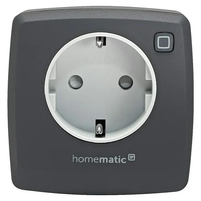 Homematic IP Funksteckdose Phasenabschnittdimmer HmIP-PDT-A - Anthrazit, 230 V - Intelligente Homematic IP-Steckdose für die Hausautomation mit integriertem Schalter und grauer Oberfläche.