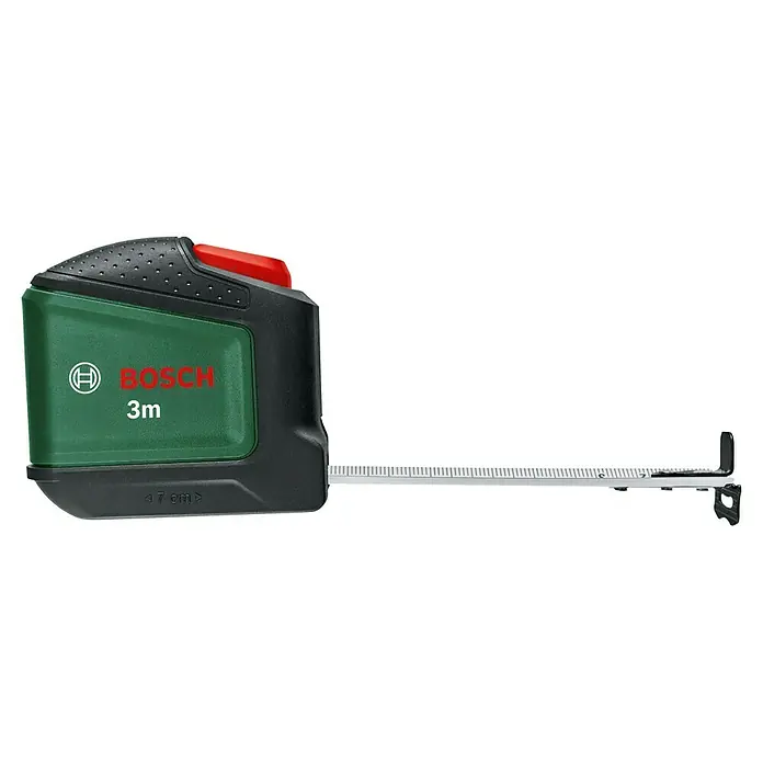 Bosch Bandmaß - 3 m - Ein grünes Bosch 3m Rollbandmaß mit schwarzem Gehäuse, rotem Knopf und ausziehbarem silbernem Band.
