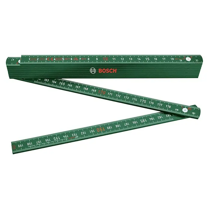 Bosch Zollstock - Länge: 2 m - Eine grüne, zusammenklappbare Bosch-Messlatte, die teilweise ausgeklappt ist und Messwerte von 1 bis 200 cm anzeigt.