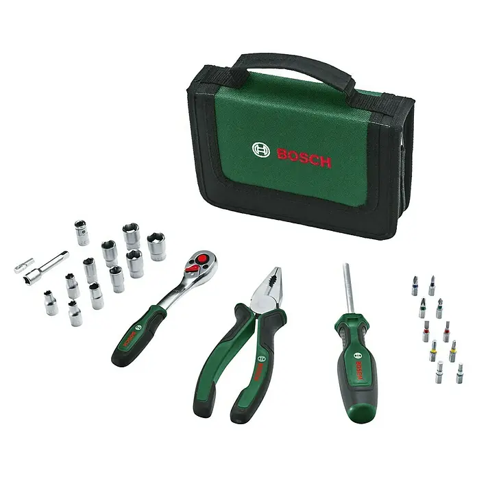 Bosch Werkzeugtasche Starter Set - 26 -tlg. - Bosch Werkzeugset mit verschiedenen Werkzeugen wie Schraubenschlüssel, Zange und Schraubendreher, ideal für Heimwerker und Profis.