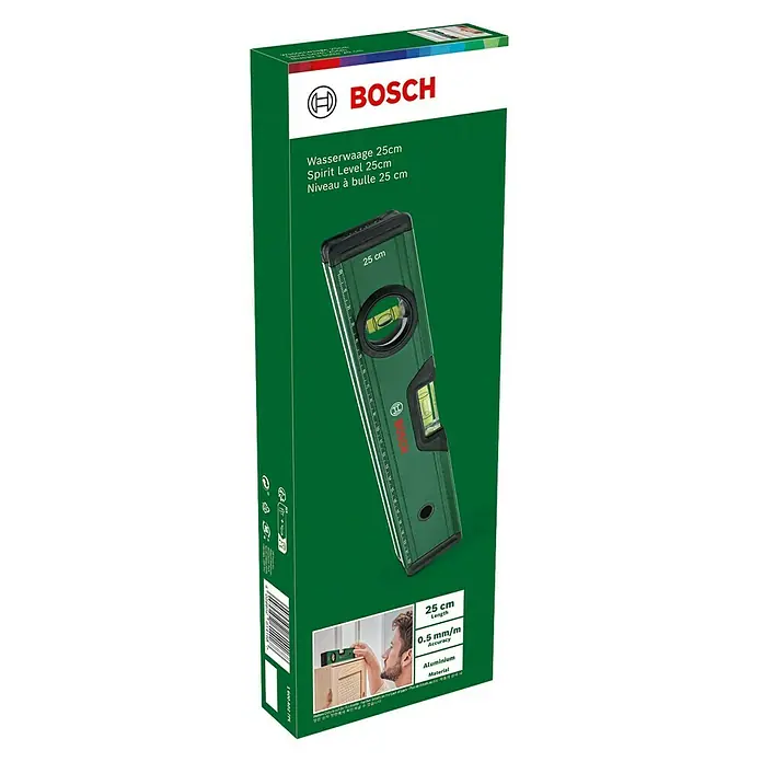 Bosch Wasserwaage - Länge: 25 cm, Anzahl Libellen: 2 Stk. - Produktverpackung einer grünen Bosch Wasserwaage mit den technischen Daten und einer Abbildung der Wasserwaage.
