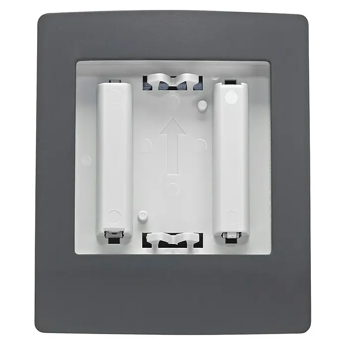 Homematic IP Halterung Tischaufsteller HmIP-DS55-A - Batteriebetrieben, 7,9 x 9 x 6,7 cm, Anthrazit - Nahaufnahme einer grauen Doppelbatteriehalterung, die eine ordentliche und kompakte Aufbewahrung von AA-Batterien ermöglicht.