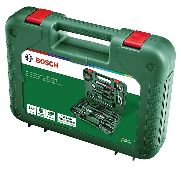 Bosch Advanced Werkzeugkoffer - 52 -tlg. - Der Bosch Werkzeugkoffer mit 52-teiligem Werkzeugsortiment, robust, ergonomisch und mit 10 Jahren Garantie, ideal für Heimwerker.