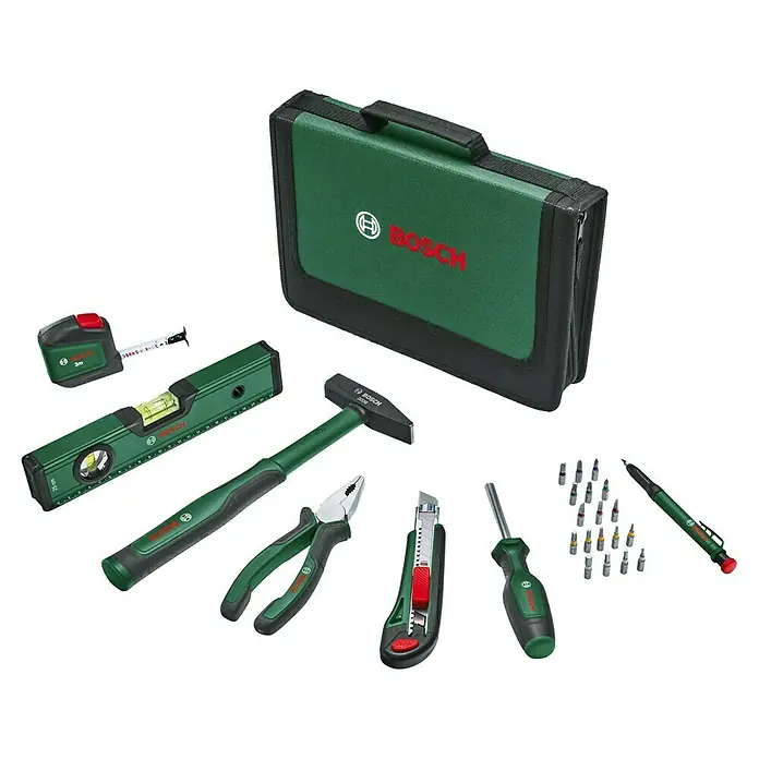 Bosch Werkzeugtasche Universal Set - 25 -tlg. - Bild eines Bosch Werkzeugsets mit Tasche, Hammer, Schraubendreher, Zange, Wasserwaage, Rollbandmaß und Kabelverbindern für vielseitige Anwendungen.
