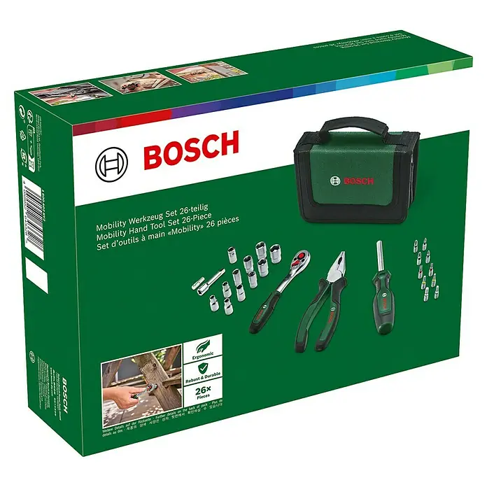 Bosch Werkzeugtasche Starter Set - 26 -tlg. - Bosch Mobilitäts-Werkzeug-Set, 26-teilig mit Werkzeugtasche, Schraubenschlüssel, Zange und Schraubendreher für Reparaturen unterwegs.