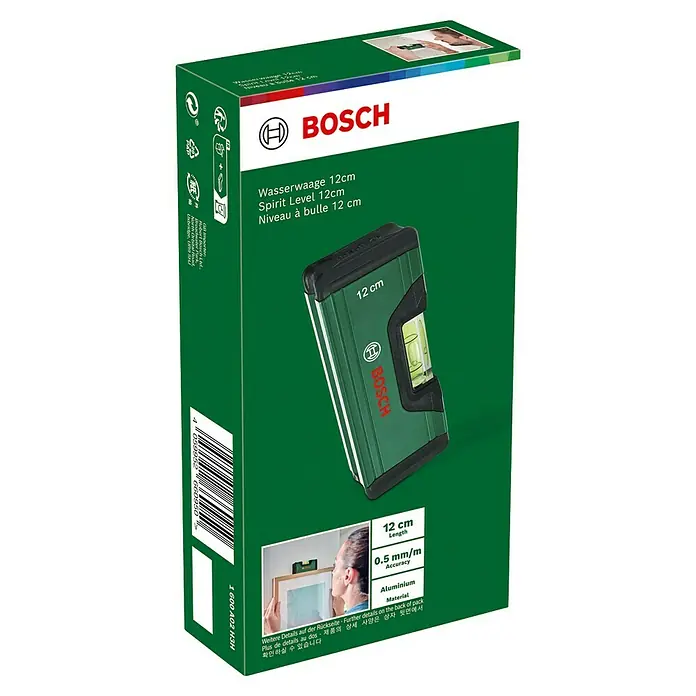Bosch Wasserwaage - Länge: 12 cm, Anzahl Libellen: 1 Stk. - Produktverpackung einer grünen Bosch Wasserwaage mit den Maßen 12cm, perfekt für präzise Messungen.