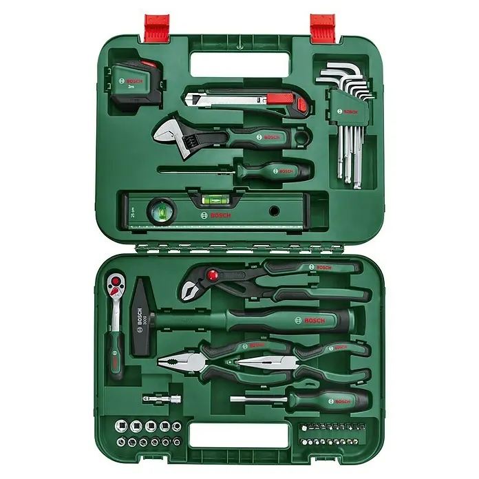 Bosch Advanced Werkzeugkoffer - 52 -tlg. - Werkzeugkoffer von Bosch mit diversen Werkzeugen wie Hammer, Schraubenschlüssel, Zange, Schraubendreher und vielem mehr.
