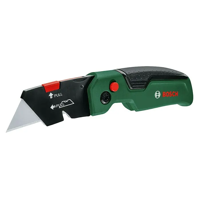 Bosch Klappmesser - SK5-Klingen - Das Bild zeigt ein Bosch-Universalmesser. Das Werkzeug präsentiert sich in Grün und Schwarz mit roten Akzenten, ideal für vielfältige Schneidarbeiten.