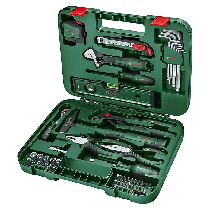 Bosch Advanced Werkzeugkoffer - 52 -tlg. - Ein grüner Bosch Werkzeugkoffer, geöffnet, mit einer Vielzahl von Werkzeugen, von Schraubenschlüsseln bis Zangen, übersichtlich angeordnet.