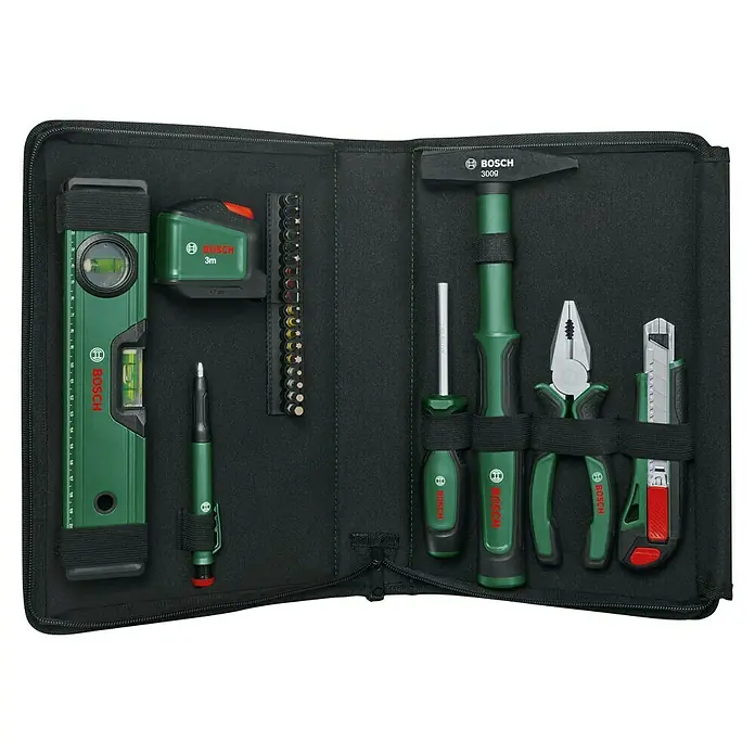 Bosch Werkzeugtasche Universal Set - 25 -tlg. - Werkzeugset von Bosch mit verschiedenen Handwerkzeugen in einer schwarzen Tasche, ideal für Heimwerker und Profis.