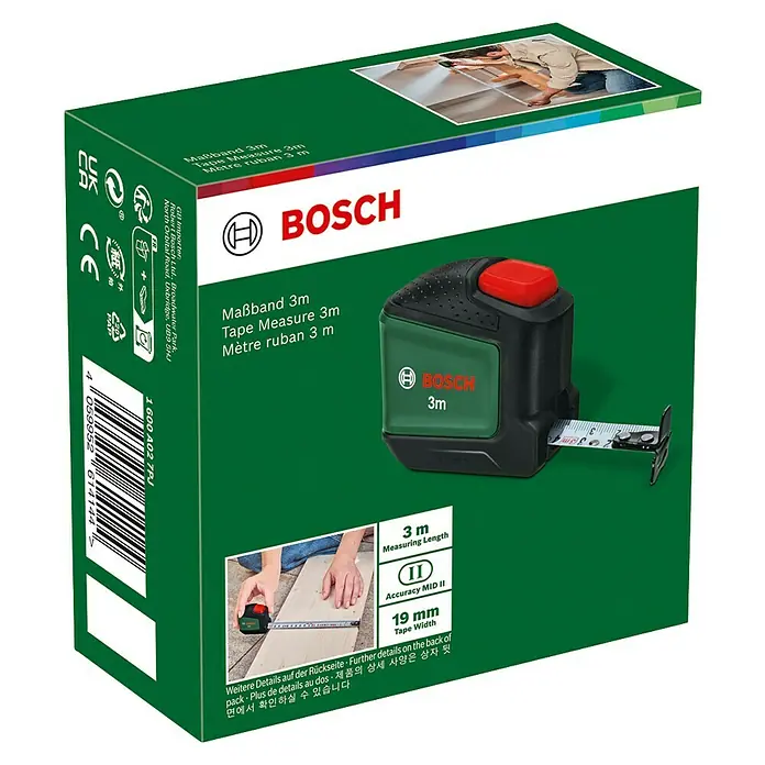 Bosch Bandmaß - 3 m - Kartonverpackung eines Bosch 3m Maßbands mit dem Bandmaß im Vordergrund. Ideal für genaue Messungen und professionelle Projekte.