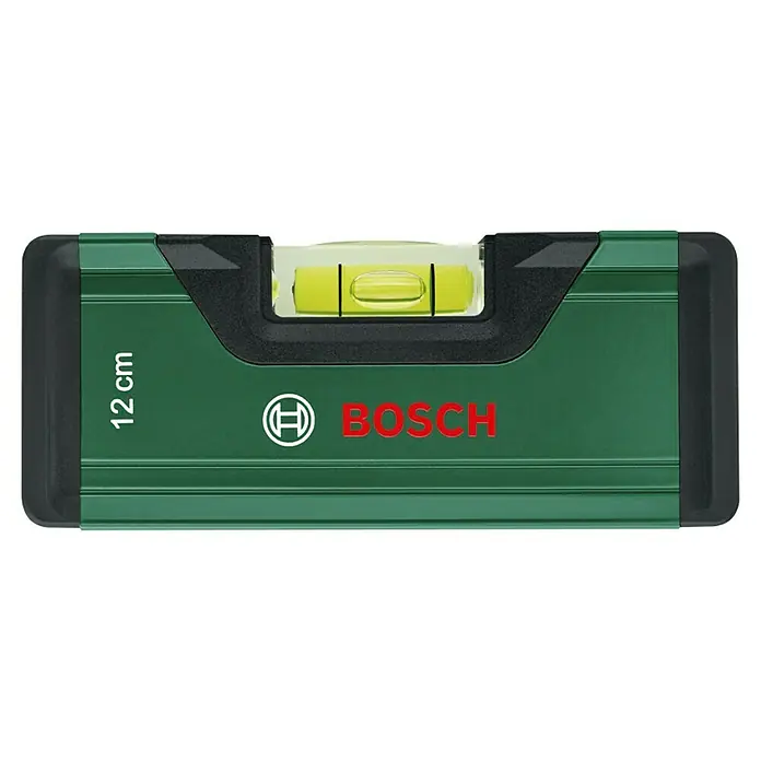 Bosch Wasserwaage - Länge: 12 cm, Anzahl Libellen: 1 Stk. - Das Bild zeigt eine grüne Bosch Wasserwaage mit schwarzem Rand, die 12 cm lang ist und über eine Libelle verfügt.