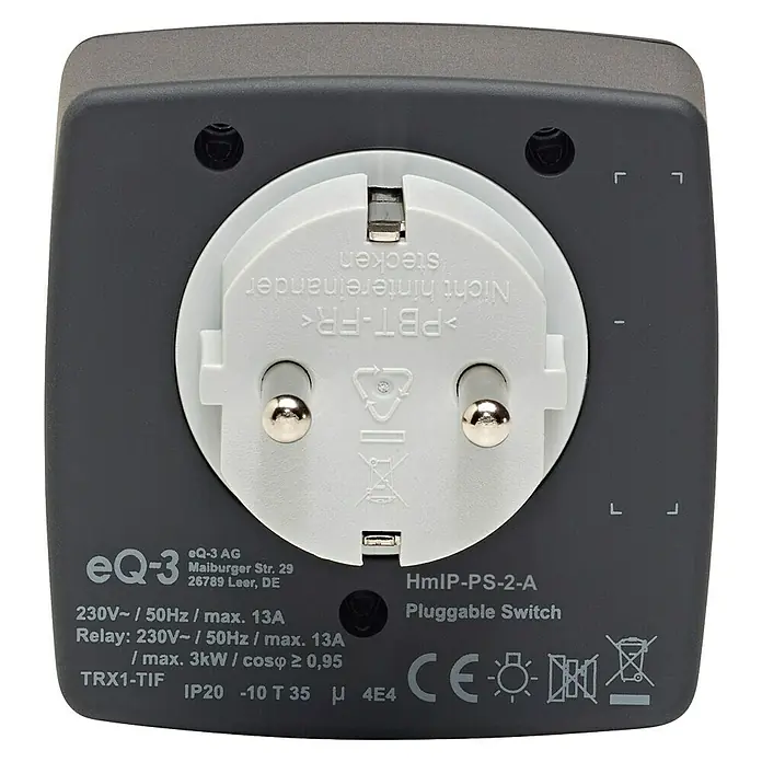 Homematic IP Smart-Steckdose HmIP-PS-2-A - IP20, Anthrazit, 3.680 W, 13 A - Nahaufnahme eines HmIP-PS-2-A steckbaren Schalters mit technischen Details und Zertifizierungen.