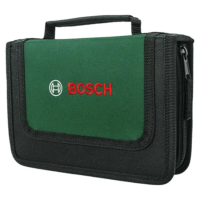 Bosch Werkzeugtasche Starter Set - 26 -tlg. - Bosch Werkzeugtasche in Grün und Schwarz mit rotem Logo und Tragegriff. Ideal zur Aufbewahrung und zum Transport von Werkzeugen.