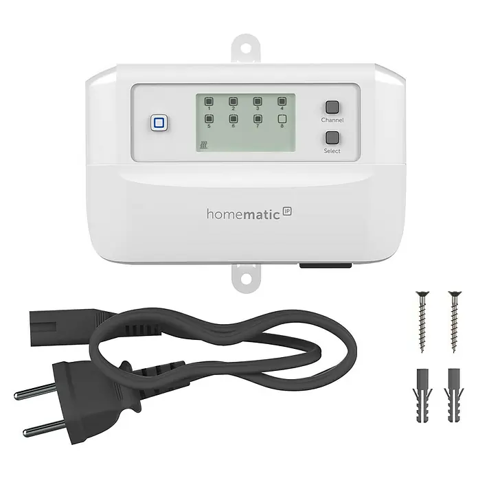 Homematic IP Fußbodenheizungsregler HmIP-FALMOT-C8 - 135 x 52 x 85 mm - Abbildung eines Homematic IP Wandtasters mit Zubehör, inklusive Netzkabel und Befestigungsmaterial, präsentiert auf schwarzem Hintergrund.
