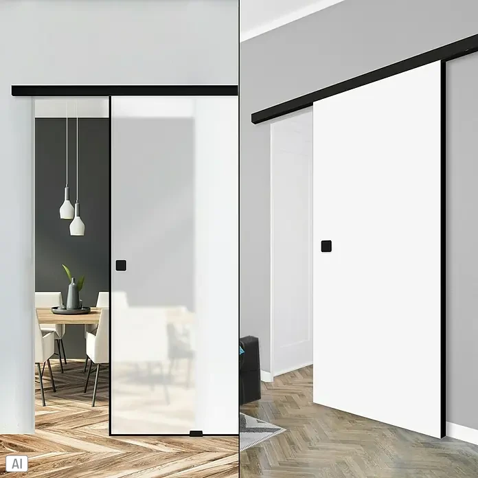 Diamond Doors Schiebetürbeschlag Linea 40 Premium Holz/Glas - Aluminium, Art Beschlag: Geschlossen, 1.900 mm - Zwei Schiebetüren mit schwarzem Rahmen, eine aus satiniertem Glas und eine weiße Tür, bieten moderne Raumtrennung.