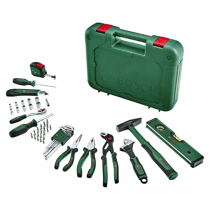 Bosch Advanced Werkzeugkoffer - 52 -tlg. - Bosch Werkzeugkoffer mit einer Auswahl an Werkzeugen, darunter Schraubendreher, Zangen und ein Hammer.