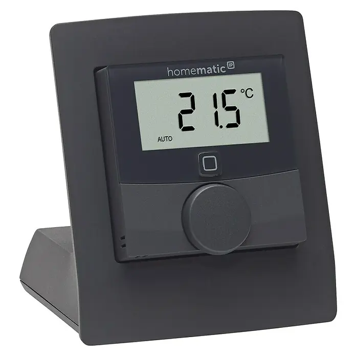 Homematic IP Halterung Tischaufsteller HmIP-DS55-A - Batteriebetrieben, 7,9 x 9 x 6,7 cm, Anthrazit - Homematic IP Wandthermostat mit großem Display zur Temperaturregelung und Anzeige von 21,5 °C im Automatikmodus.