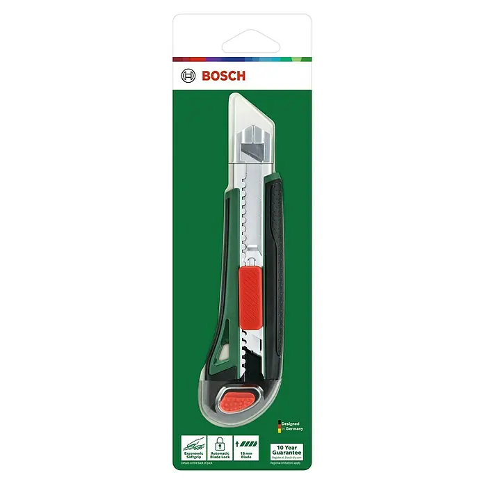 Bosch Cuttermesser - Klingenbreite: 18 mm, Abbrechklinge - Eine Nahaufnahme eines Bosch-Cuttermessers mit grünen und schwarzen Akzenten auf einer Verpackung.