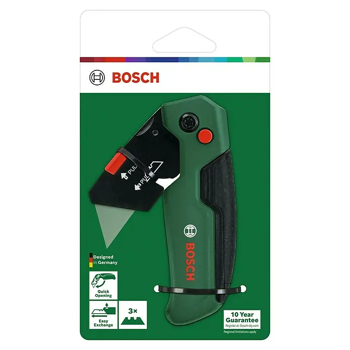 Bosch Klappmesser - SK5-Klingen - Das Bild zeigt ein Bosch-Universalmesser in Grün und Schwarz, verpackt und zum Verkauf bereit. Es verfügt über eine 10-Jahres-Garantie.