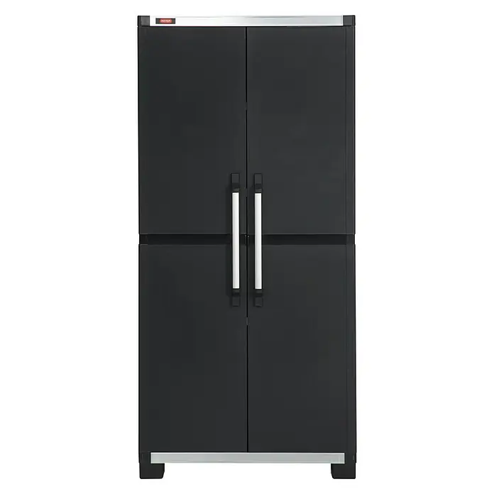 Keter Kunststoff-Mehrzweckschrank XL - L x B x H: 45 x 88 x 187 cm - Schwarzer Werkzeugschrank mit zwei Türen, ideal für die Aufbewahrung von Werkzeugen und anderen Gegenständen in der Werkstatt oder Garage.