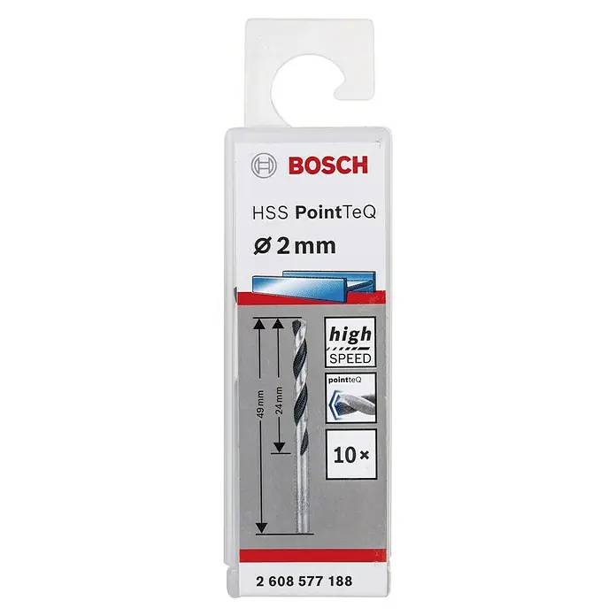 Bosch Metallbohrer - Durchmesser Bohrer: 2 mm, 10 Stk. - Bild einer Bosch HSS PointTeQ Ø 2 mm Bohrerpackung, die die Bohrergröße, die High-Speed-Eigenschaften und die PointTeQ-Technologie hervorhebt.