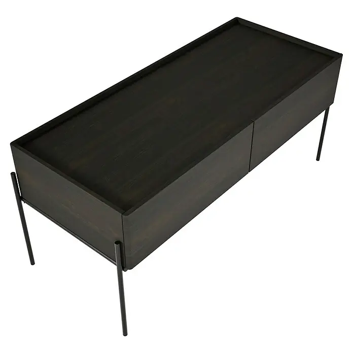 VitrA Equal Unterschrank - B x T x H: 102 x 42 x 44,5 cm, Ulme - Ansicht von oben auf einen dunklen, rechteckigen TV-Schrank mit Metallbeinen. Das Möbelstück ist minimalistisch und modern gestaltet.