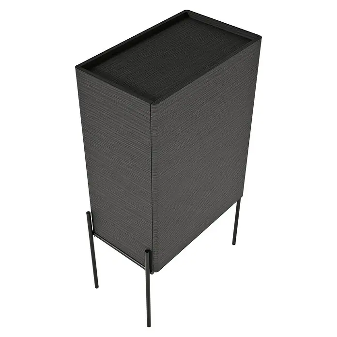 VitrA Equal Bad-Midischrank - B x T x H: 45 x 27 x 85 cm, Schwarz-Eiche, DIN Anschlag: Links - Aufnahme eines modernen Nachttischs mit dunkler Holzmaserung und schlanken Metallbeinen. Elegantes Design für Schlafzimmer.
