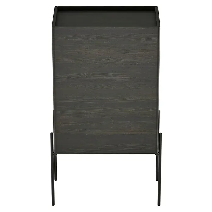 VitrA Equal Bad-Midischrank - B x T x H: 45 x 27 x 85 cm, Ulme, DIN Anschlag: Rechts - Eine stilvolle Nachttisch-Ansicht von oben, mit einer dunklen Holzoberfläche und einem schlanken Metallrahmen, der modernen Charme versprüht.