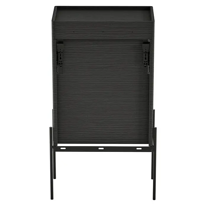 VitrA Equal Bad-Midischrank - B x T x H: 45 x 27 x 85 cm, Schwarz-Eiche, DIN Anschlag: Links - Ansicht eines dunklen TV-Möbels mit horizontaler Maserung und Metallbeinen, das modernes Design und Funktionalität vereint.
