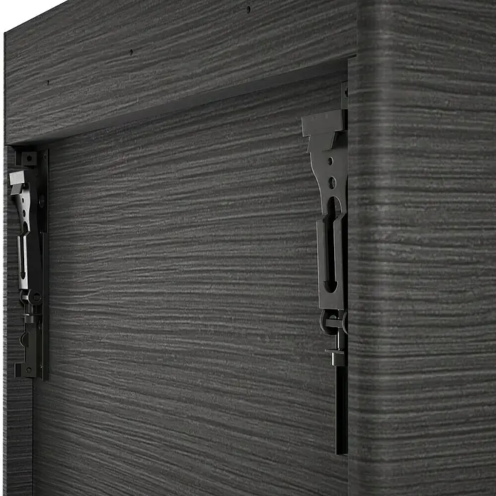 VitrA Equal Bad-Midischrank - B x T x H: 45 x 27 x 85 cm, Schwarz-Eiche, DIN Anschlag: Links - Detailaufnahme eines modernen Möbels mit integrierter, schwarzer Aufhängungsmechanik. Die Holzstruktur ist grau und horizontal gemustert.