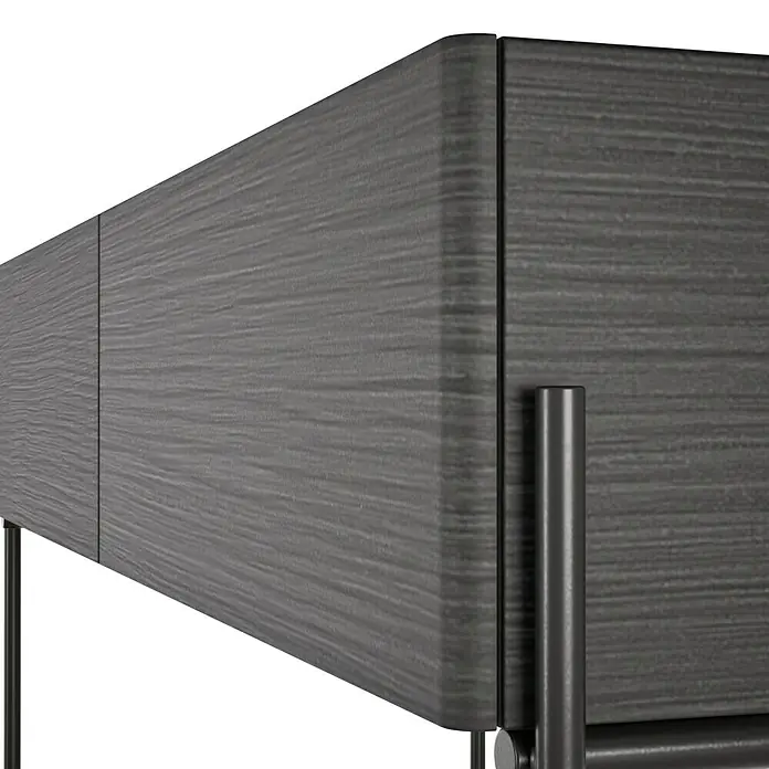 VitrA Equal Unterschrank - B x T x H: 102 x 42 x 44,5 cm, Schwarz-Eiche - Detailaufnahme eines grauen Holzschranks mit horizontaler Maserung und einem modernen Metallgriff.  Perfekt für ein stilvolles Interieur.