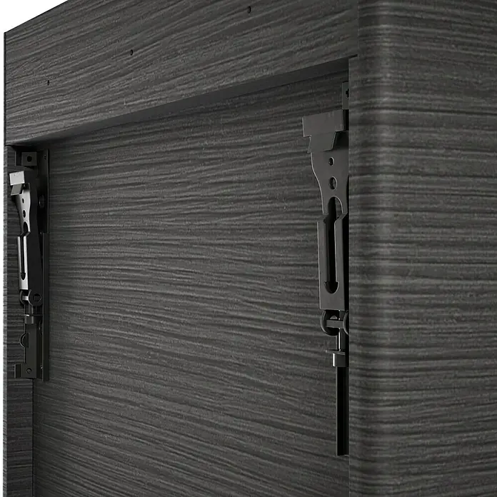 VitrA Equal Bad-Midischrank - B x T x H: 45 x 27 x 85 cm, Schwarz-Eiche, DIN Anschlag: Rechts - Detailaufnahme eines modernen Möbels mit dunkler Holzmaserung und metallenen Beschlägen, die Funktionalität und Design vereinen.