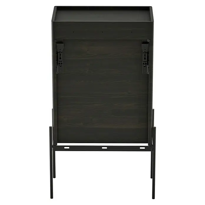 VitrA Equal Bad-Midischrank - B x T x H: 45 x 27 x 85 cm, Ulme, DIN Anschlag: Rechts - Eine Nahaufnahme eines schwarzen Holzschreibtisches mit Metallbeinen und Beschlägen. Der Schreibtisch hat eine schlichte, moderne Ästhetik.